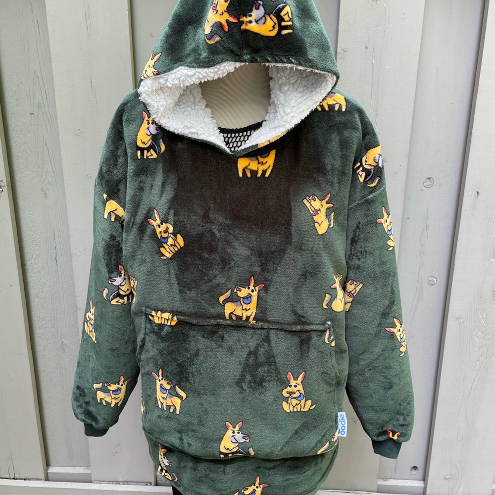 The OODIE Green and Yellow German Shepard Cartoon Print Hoodie Sweatshirt